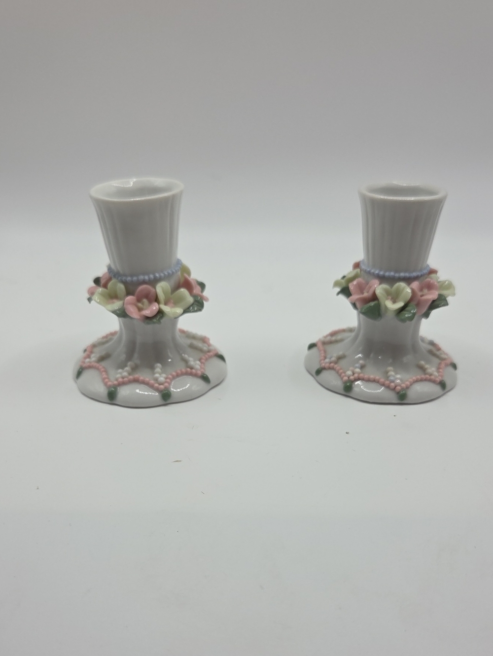 1960's Porcelain Pink Floral Pair Candle Holders Vintage
